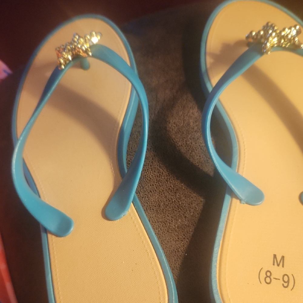 Blue Flip Flops with Rhinestone Detail